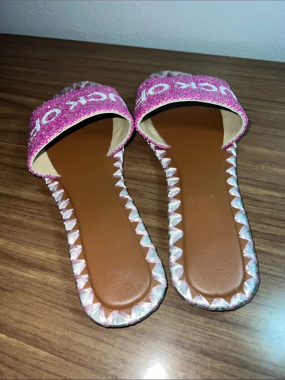 Pink Beaded Slide Sandals with Bold Embroidery
